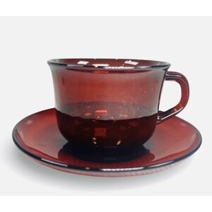 Arcoroc Classique Ruby Red Glass Cup & Saucer France Vintage MCM